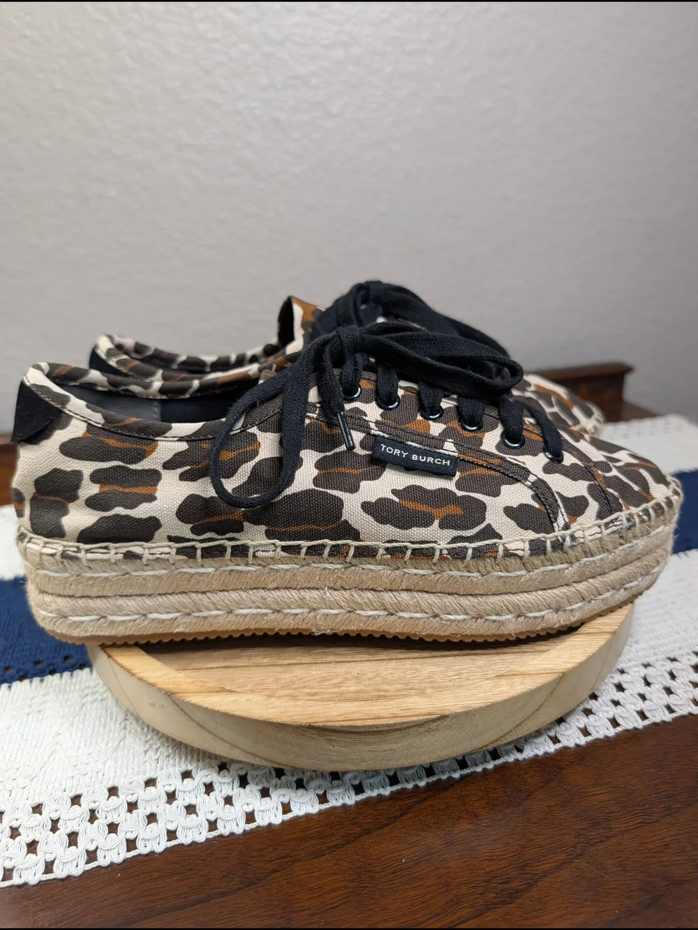 Tory Burch Seaside Leopard-Print Canvas Oxford Platform Espadrilles With Laces